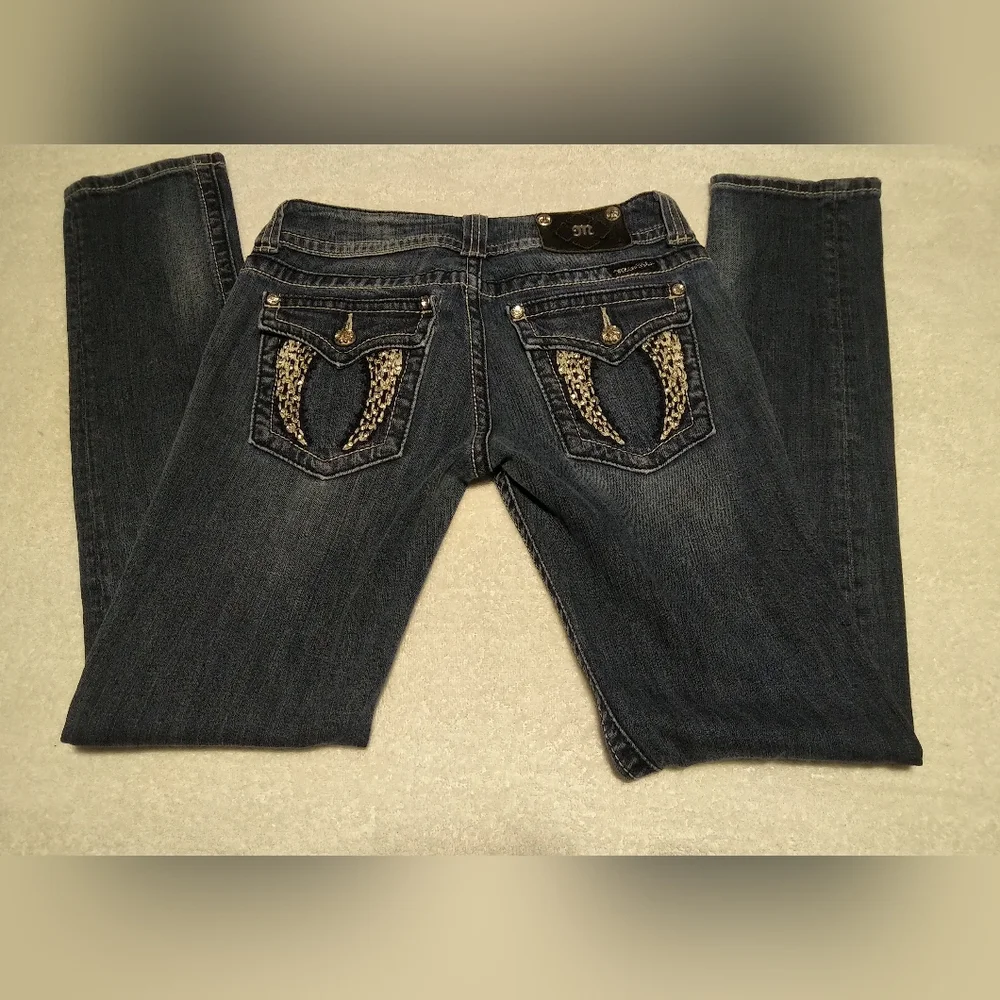 Miss Me Dark Blue Skinny Jeans with Embellished Pockets - Size 28
